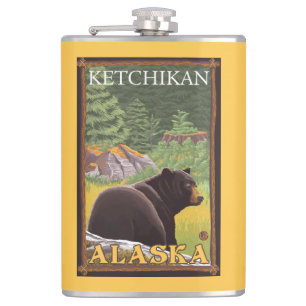 Black Bear in Forest - Ketchikan, Alaska Hip Flask