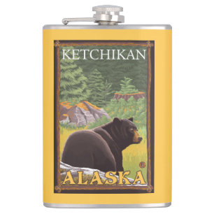 Black Bear in Forest - Ketchikan, Alaska Hip Flask