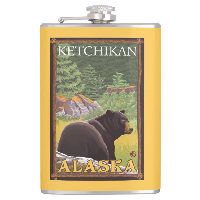 Black Bear in Forest - Ketchikan, Alaska Hip Flask (Front)