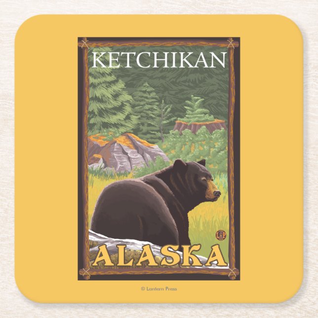 Black Bear in Forest - Ketchikan, Alaska Square Paper Coaster (Front)