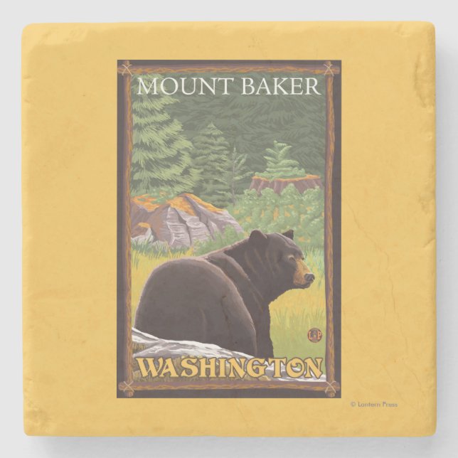 Black Bear in Forest - Mount Baker, Washington Stone Coaster (Front)