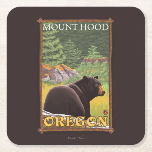 Black Bear in Forest - Mount Hood, Oregon Square Paper Coaster
