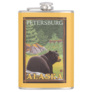 Black Bear in Forest - Petersburg, Alaska Hip Flask