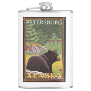 Black Bear in Forest - Petersburg, Alaska Hip Flask