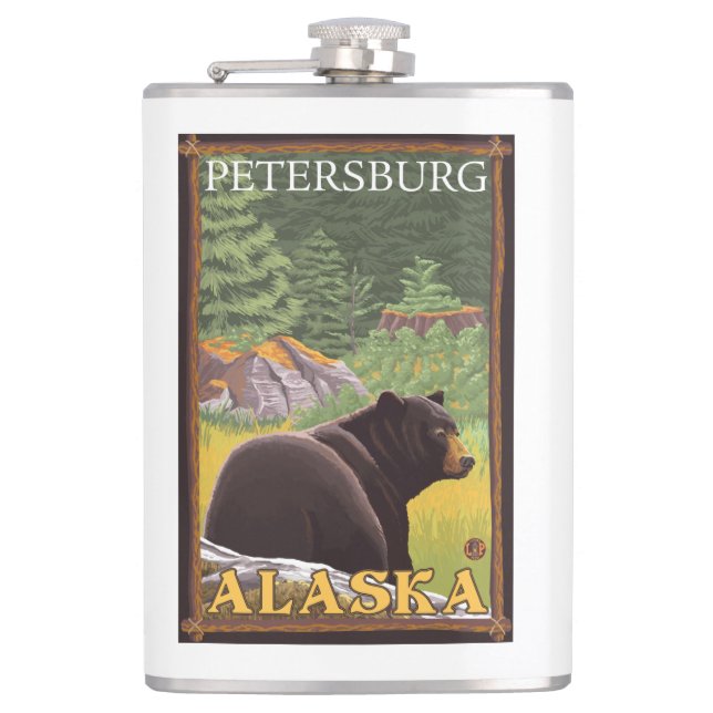 Black Bear in Forest - Petersburg, Alaska Hip Flask (Front)