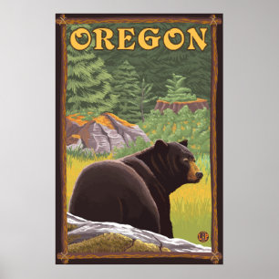 Black Bear in Forest Scene - Oregon Poster