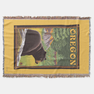 Black Bear in Forest Scene Vintage Travel Throw Blanket