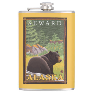 Black Bear in Forest - Seward, Alaska Hip Flask
