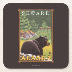 Black Bear in Forest - Seward, Alaska Square Paper Coaster