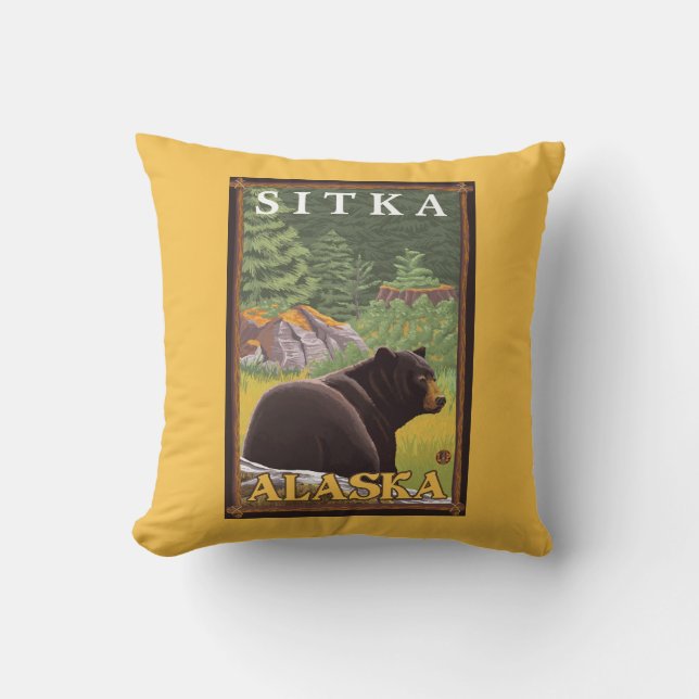Black Bear in Forest - Sitka, Alaska Cushion (Front)