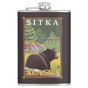 Black Bear in Forest - Sitka, Alaska Hip Flask