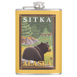 Black Bear in Forest - Sitka, Alaska Hip Flask