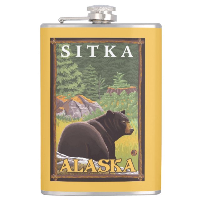 Black Bear in Forest - Sitka, Alaska Hip Flask (Front)
