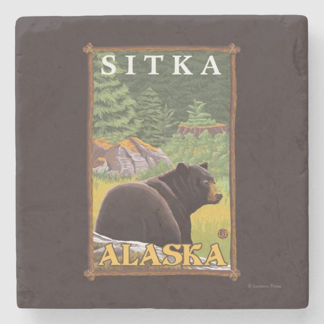 Black Bear in Forest - Sitka, Alaska Stone Coaster (Front)