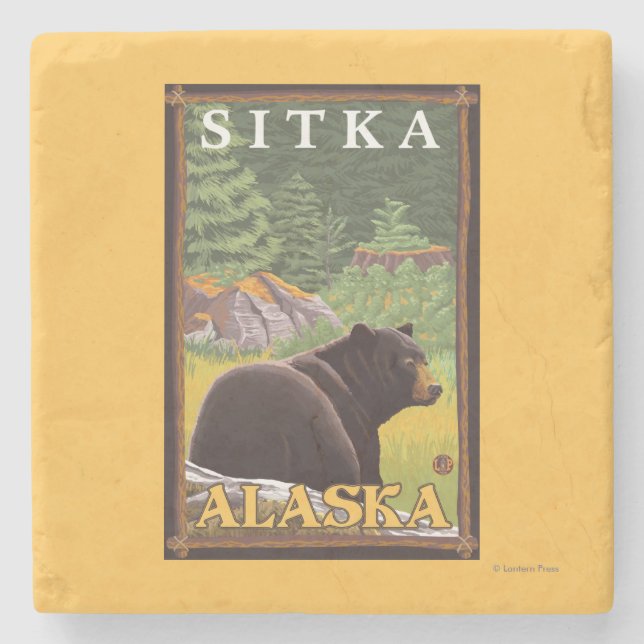 Black Bear in Forest - Sitka, Alaska Stone Coaster (Front)