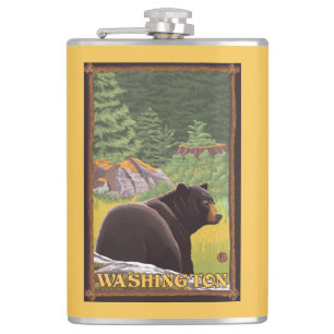 Black Bear in Forest - Washington Hip Flask
