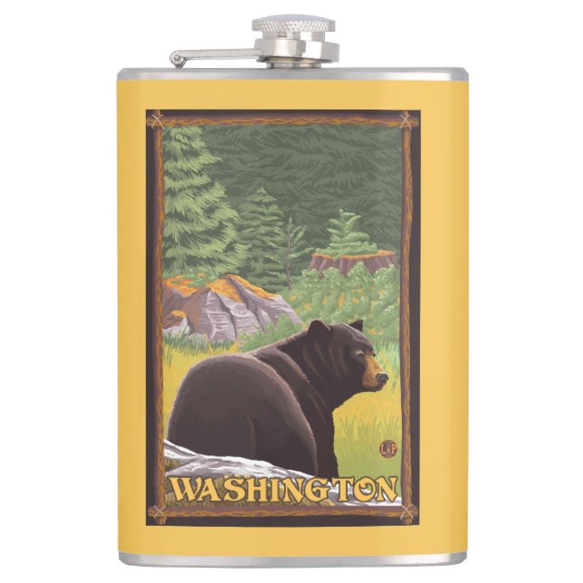 Black Bear in Forest - Washington Hip Flask (Front)