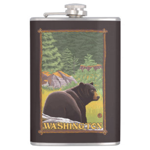Black Bear in Forest - Washington Hip Flask