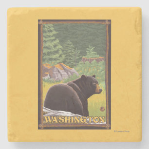 Black Bear in Forest - Washington Stone Coaster