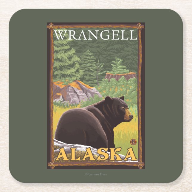 Black Bear in Forest - Wrangell, Alaska Square Paper Coaster (Front)
