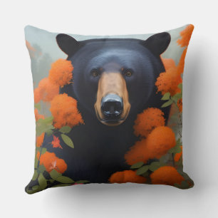 Black Bear in Orange flowers Cushion