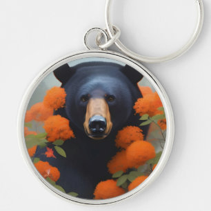 Black Bear in Orange flowers  Key Ring