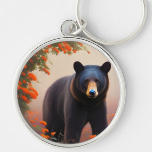 Black Bear in Orange flowers  Key Ring