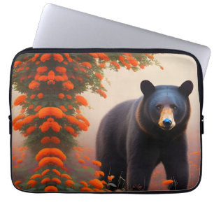 Black Bear in Orange flowers Laptop Sleeve