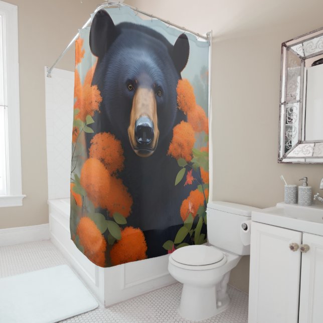 Black Bear in Orange flowers Shower Curtain (In Situ)