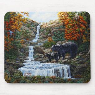Black Bear Mother & Cub Waterfall Mouse Pad