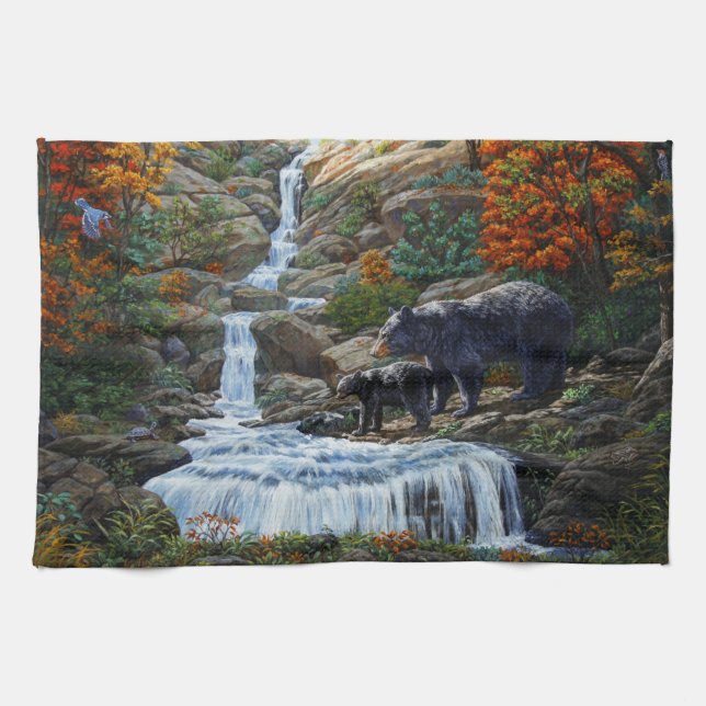 Black Bear Mother & Cub Waterfall Tea Towel (Horizontal)