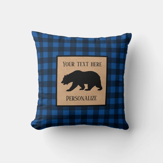 Black Bear On A Blue, Black Plaid Personalised Cushion (Front)