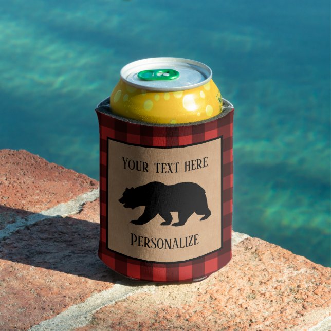 Black Bear On A Red And Black Plaid Personalised Can Cooler (In Situ Pool)