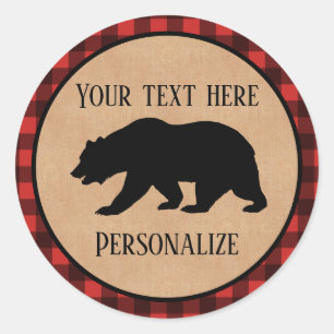 Black Bear On A Red And Black Plaid Personalised Classic Round Sticker