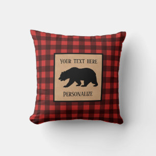 Black Bear On A Red And Black Plaid Personalised Cushion