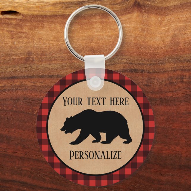 Black Bear On A Red And Black Plaid Personalised Key Ring (Back)