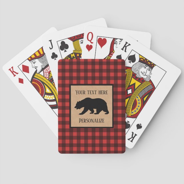 Black Bear On A Red And Black Plaid Personalised Playing Cards (Back)