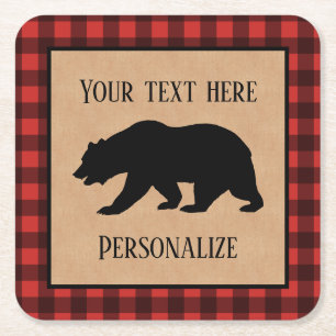 Black Bear On A Red And Black Plaid Personalised Square Paper Coaster
