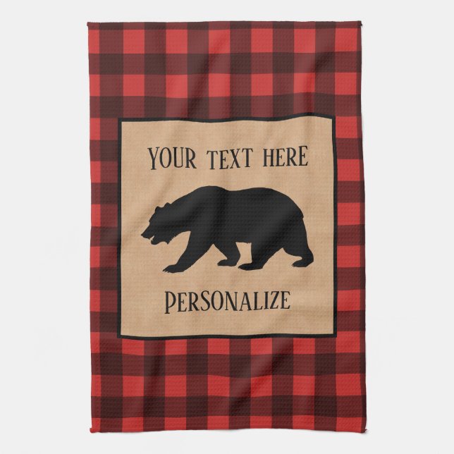 Black Bear On A Red And Black Plaid Personalised Tea Towel (Vertical)
