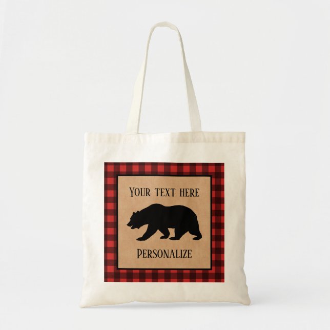 Black Bear On A Red And Black Plaid Personalised Tote Bag (Front)