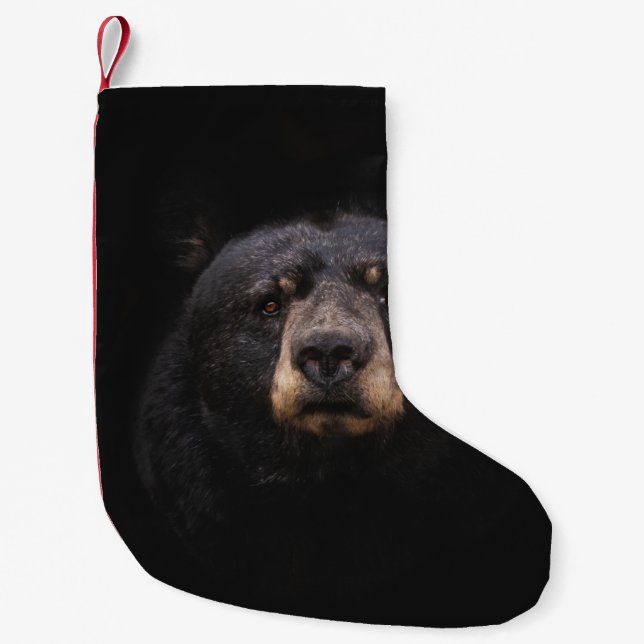 BLACK BEAR ON BROWN WOODEN TREE BRANCH SMALL CHRISTMAS STOCKING (Front)