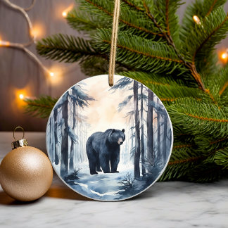 Black Bear on Winter Woodland Forest Animals Ceramic Tree Decoration