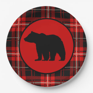 Black Bear Red Black Plaid Paper Plate
