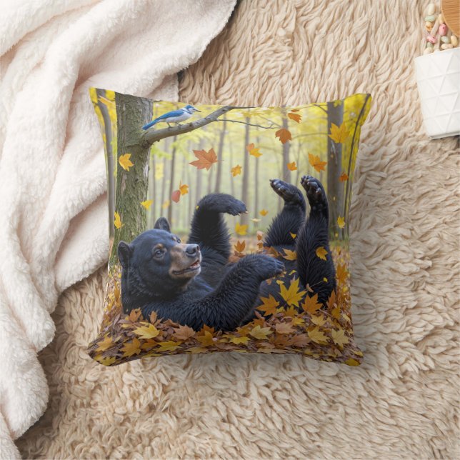Black Bear Rolling In Autumn Leaves Cushion (Blanket)