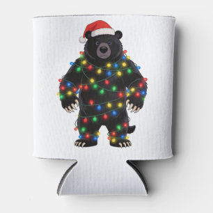 Black Bear Santa Hat Christmas Lights Merry Can Cooler