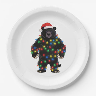 Black Bear Santa Hat Christmas Lights Merry   Paper Plate