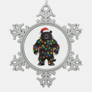 Black Bear Santa Hat Christmas Lights Merry Snowflake Pewter Christmas Ornament