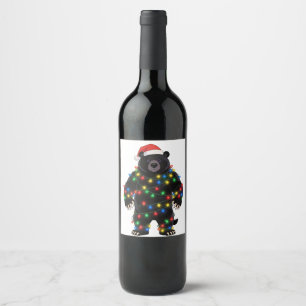 Black Bear Santa Hat Christmas Lights Merry Wine Label