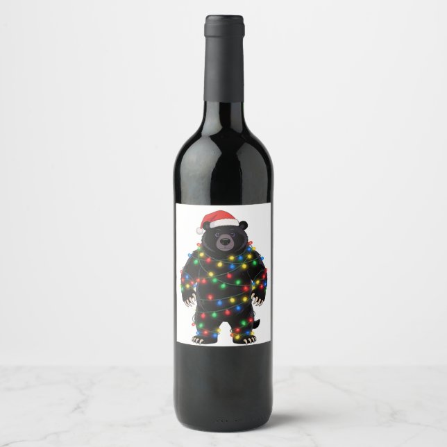 Black Bear Santa Hat Christmas Lights Merry   Wine Label (Front)