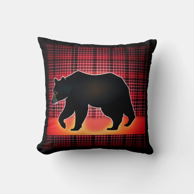 Black Bear Silhouette On Plaid Cushion (Front)